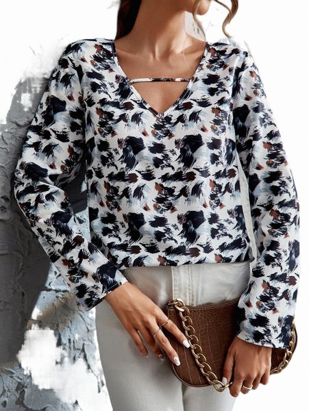 

women's blouses & shirts allover print v neck blouse o9of#, White