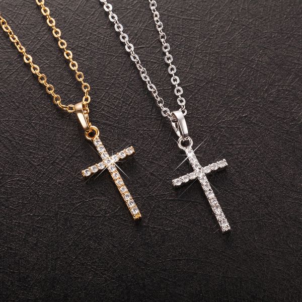 

fashion simple alloy cross necklace gold color crystal jesus cross pendant necklace for men women couple jewelry gift wholesale, Silver