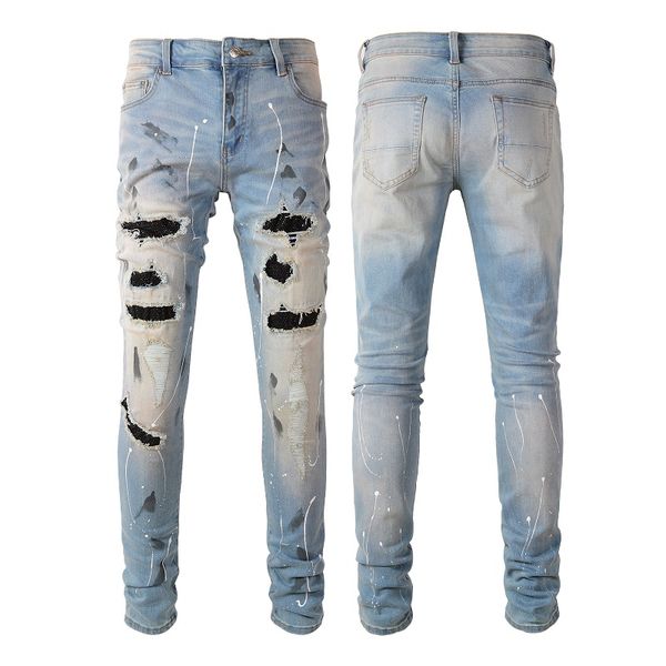 

2021ss hip-hop high-street fashion brand jeans retro torn fold stitching men's designer motorcycle riding slim-fitting casual pants 28-, Blue
