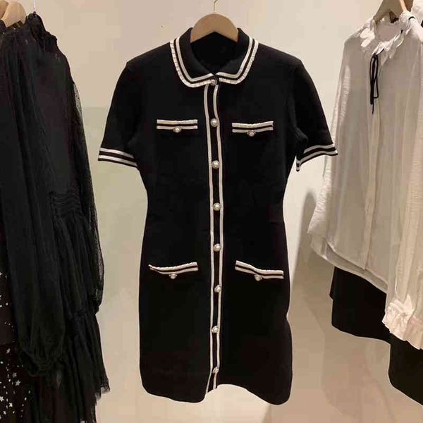 

casual dresses french elegant autumn winter style small fragrance slim pearl button simple contrast color short sleeve women's dress, Black;gray