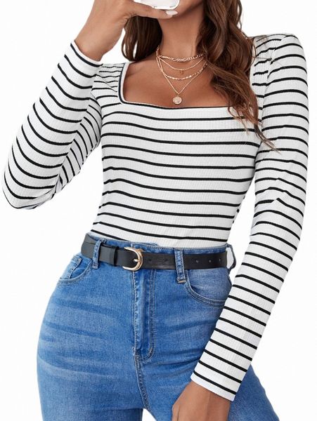 

women's t-shirt striped square neck tee bodysuit b1ri#, White