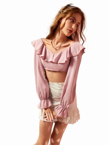 

women's blouses & shirts romwe ruffle trim crop blouse k1gp#, White