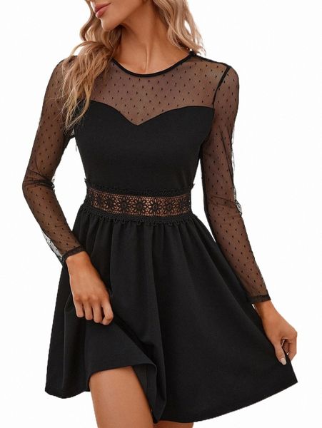 

casual dresses contrast mesh guipure lace panel dress v0q8#, Black;gray