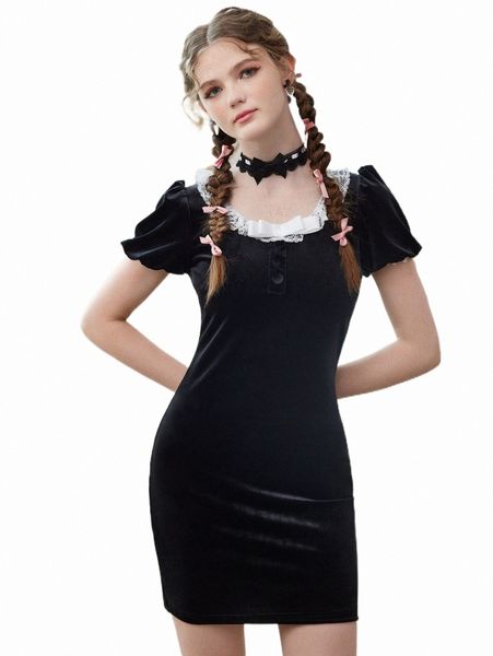 

casual dresses romwe kawaii contrast lace flannel dress n7eb#, Black;gray