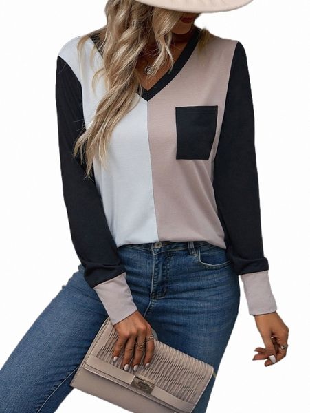 

women's t-shirt color block patched pocket tee o6km#, White
