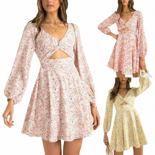 

casual dresses 2021 women floral print mini dress long sleeve v-neck hollow out high waist short knot yellow/pink/purple s//l/xl d7zd#, Black;gray