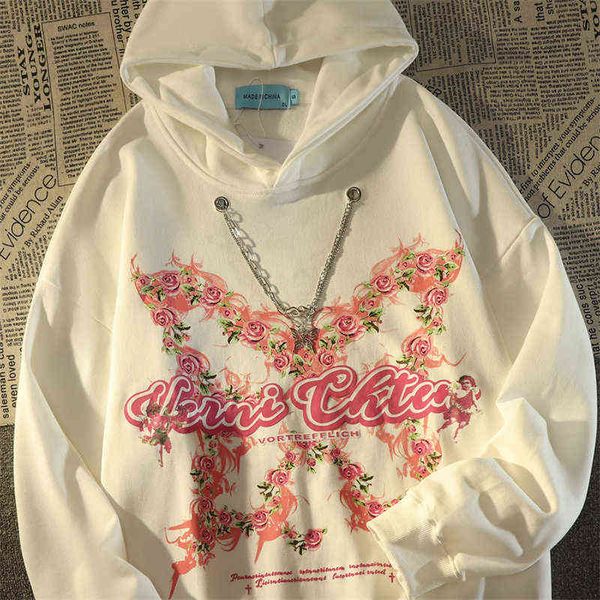 

women's hoodies sweatshirts 2022 autumn retro rose butterfly necklace hoodies kawaii y2k clothes loose casual white gray pullover, Black