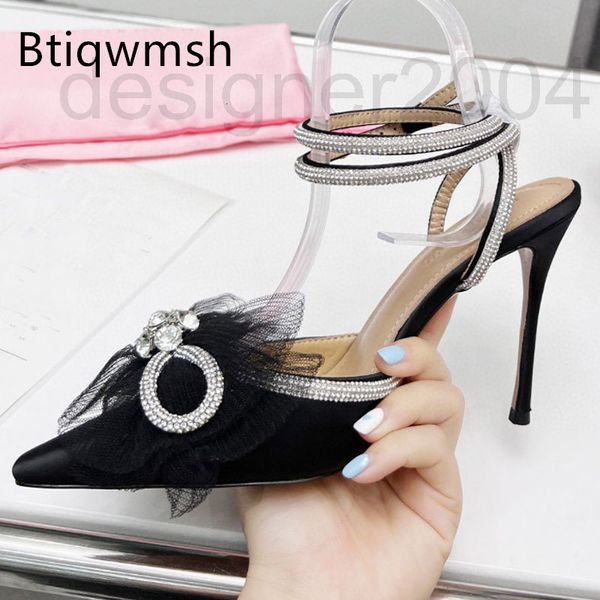 

sandals designer large butterfly decoration rhinestone sandals woman pointed toe pink luxury satin diamond ankle strap high heel party shoes, Black