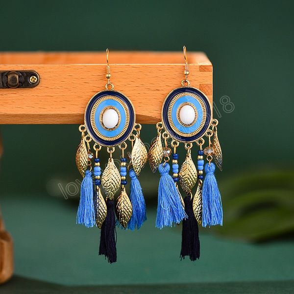 

women's blue tassel dangle earrings brincos boho jewelry bijoux summer vintage bohemia leaf dripping oil alloy earrings, Silver