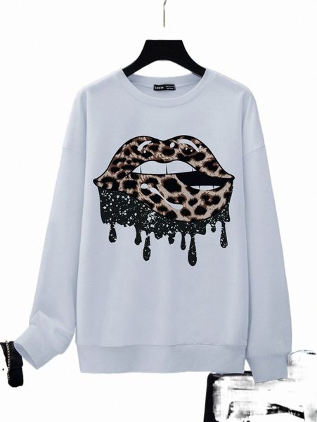 

women's hoodies & sweatshirts leopard lip print drop shoulder sweatshirt a8jh#, Black
