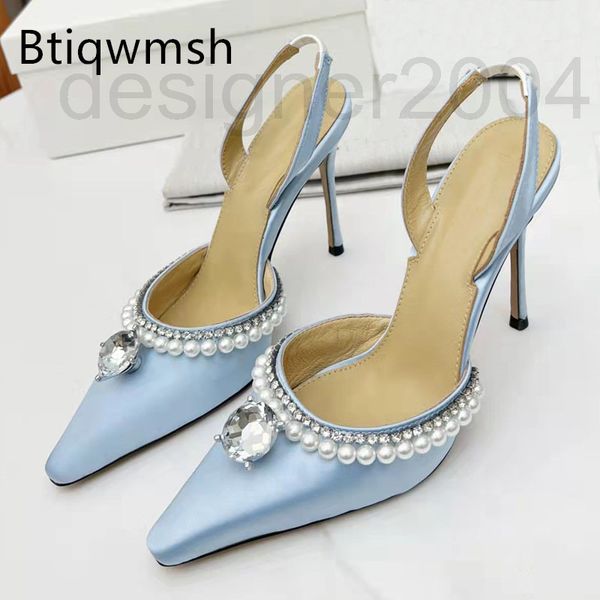 

sandals designer luxury satin sandals blue woman pointed toe rhinestone pearl sling high heeled shoes lady party d1kg, Black