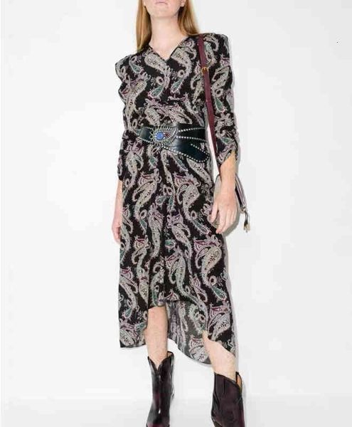 

casual dresses isa french shen huishan same temperament cashew nut print v-neck slim pleated medium length dress, Black;gray