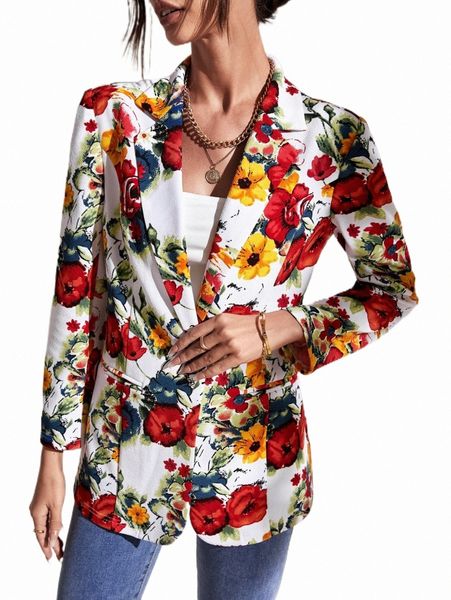 

women's two piece pants floral print single button blazer 89ex#, White