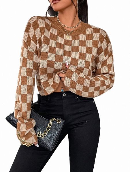 

women's sweaters checkered pattern drop shoulder sweater s3ov#, White;black