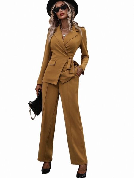

two piece dress lapel collar knot side wrap blazer & pants l3xk#, White