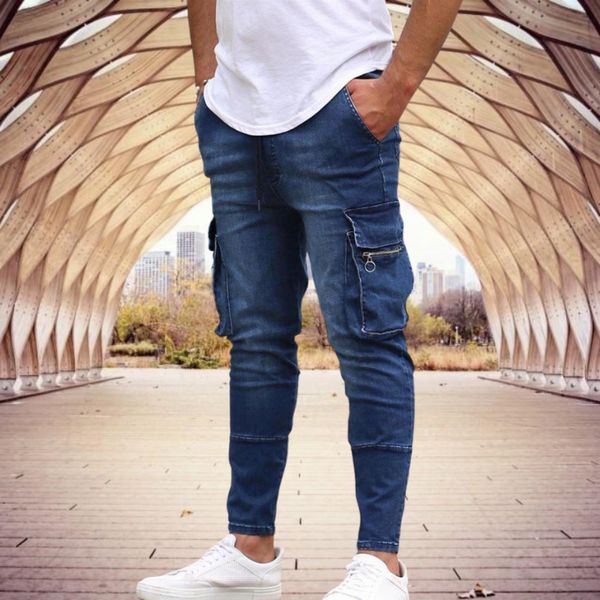 

men's jeans men's slim fit stretch jeans casual fashion multi pocket denim trousers everyday men's jeans street work hip hop, Blue