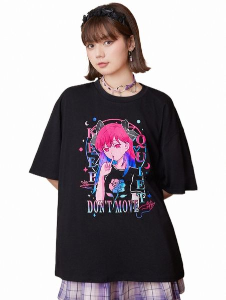 

romwe anime letter cartoon figure graphic oversized tee c2gi#, White