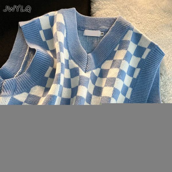 

women's vests knitted vest korean checkerboard print v neck sleeveless women sweater loose blue black preppy style pullover sweater wom, Black;white