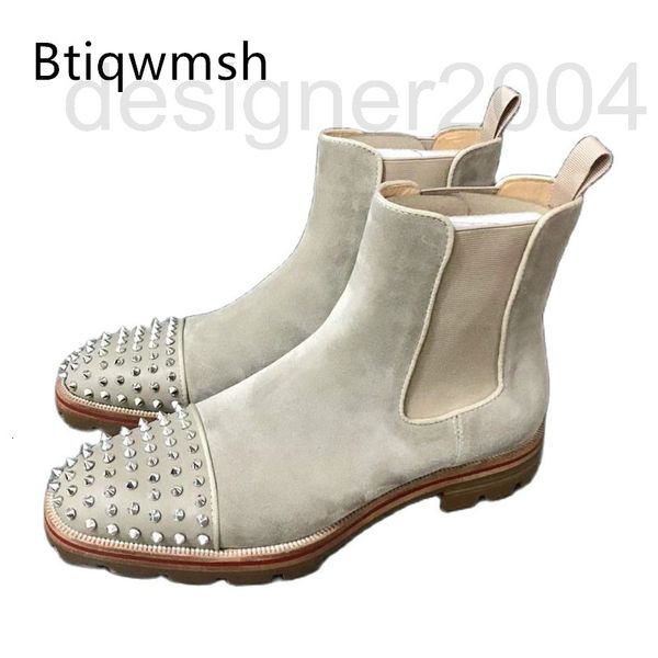 

dress shoes designer beige suede studded chelsea boots man toe round silver rivet flat shoes men fashion ankle ee8n, Black
