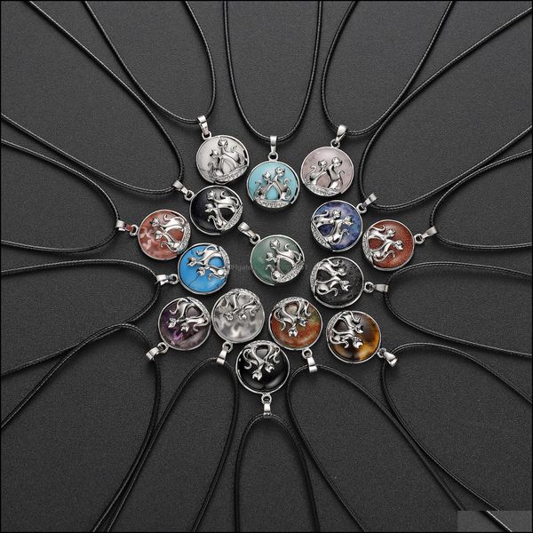 

pendant necklaces moon couple cat men and women stainless steel healing natural stone round necklace 23x34mm12pcs send leather rope d dh8nq, Silver