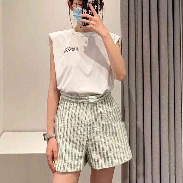 

women's t shirt french single s spring summer letter embroidered round neck sleeveless shoulder pad t shirt versatile female, White