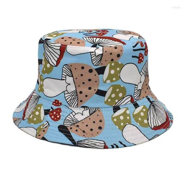 

berets summer fisherman hat reversible cartoon mushroom bucket hats for women men street hip hop cap vintage printed fishing, Blue;gray