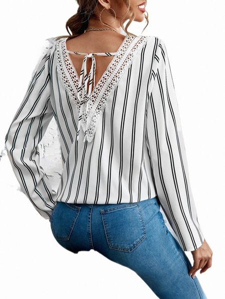 

women's blouses & shirts striped guipure lace panel tie back blouse e2jx#, White