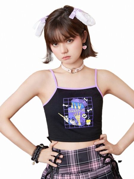 

romwe kawaii cartoon graphic contrast binding cami u6ke#, White