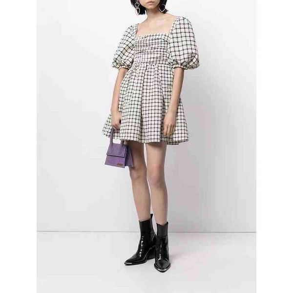 

casual dresses spring and summer checkered ripple dot square neck bubble sleeve small shirt pleated waist style short sweet foreign princess, Black;gray