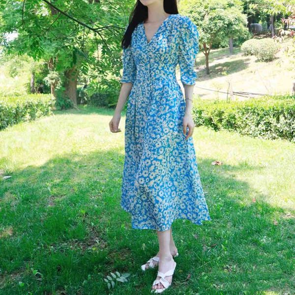 

casual dresses blogger the same summer v-neck daisy flower skirt holiday bubble sleeve dress female, Black;gray