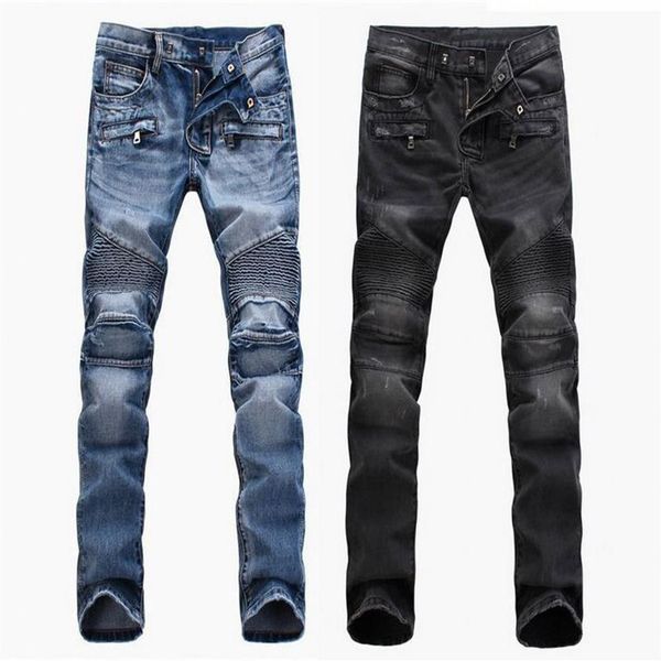 

fashion men's foreign trade light blue black jeans pants motorcycle biker men washing to do the old fold men trousers casual runwa302r