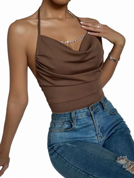 

women's tanks & camis draped front tie backless halter k79i#, White