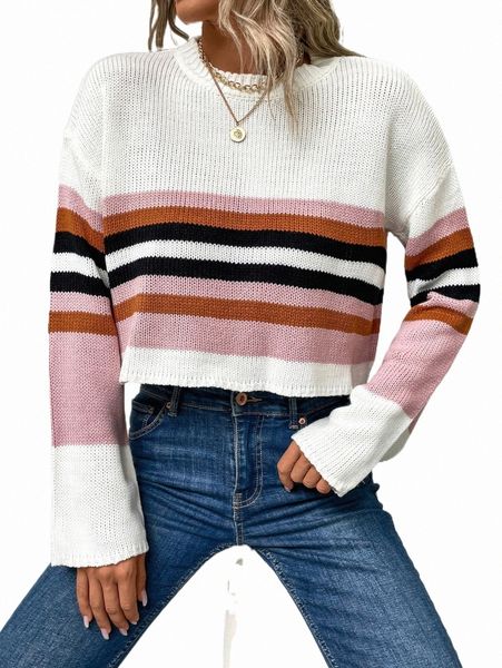 

women's sweaters block striped pattern drop shoulder sweater z0rd#, White;black