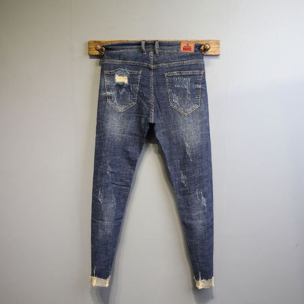 

men's jeans wholesale fashion no ironing low waist washing raw edge pants slim feet pants men's spring ripped holes ankle length j, Blue