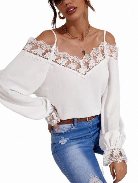 

women's blouses & shirts embroidery mesh cold shoulder blouse y5ps#, White