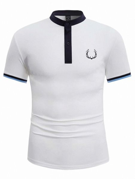 

men's polos men antler print contrast trim polo shirt l2fe#, White;black