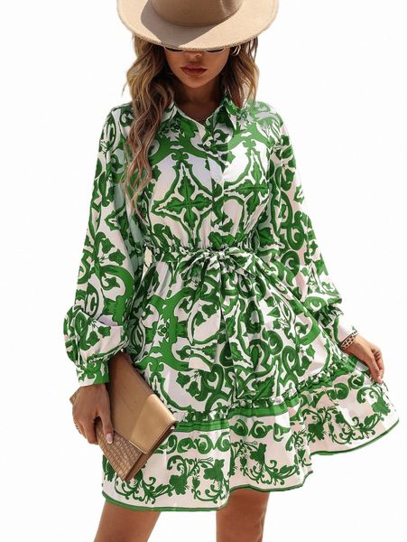 

casual dresses allover print belted ruffle hem shirt dress 11k4#, Black;gray