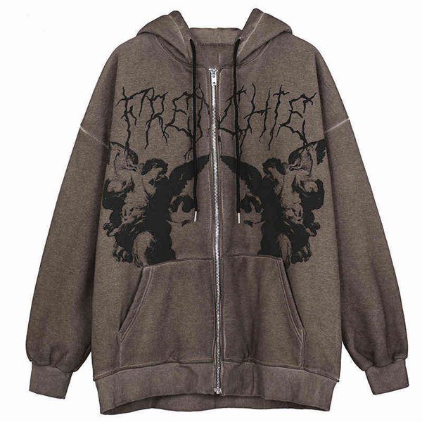 

women's hoodies sweatshirts street hip-hop women's angel print brown zipper hoodie women 2021 y2k harajuku punk oversized jacket s, Black