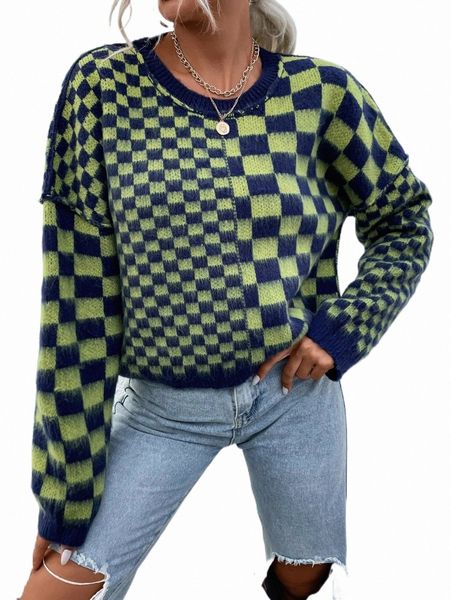 

women's sweaters checkered pattern drop shoulder sweater v4rh#, White;black