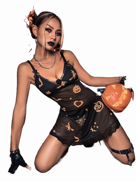 

halloween print lace trim sheer cami dress without lingerie set 84eq#, Black;gray