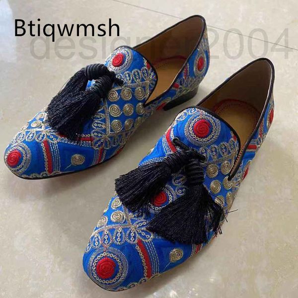 

dress shoes designer luxury blue embroidered shoes men toe round handmade tassel slip on flat fashion party 87op, Black