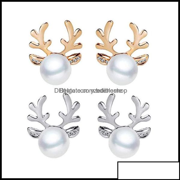 

stud earrings jewelry luxury pearl antlers christmas reindeer elk animal rhinestone crystal sier for women girls fashion, Golden;silver