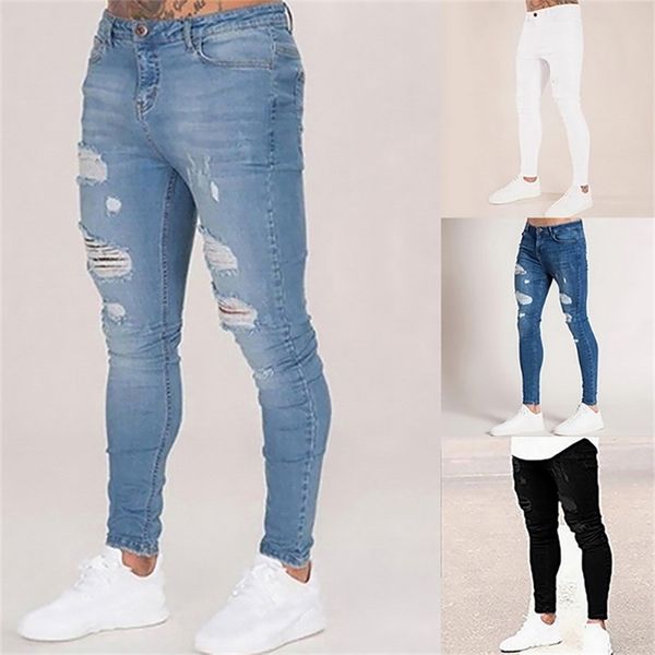 

men's pants pencil elastic sweatpants men fit solid ripped denim harem casual black blue white destroyed jeans 220827