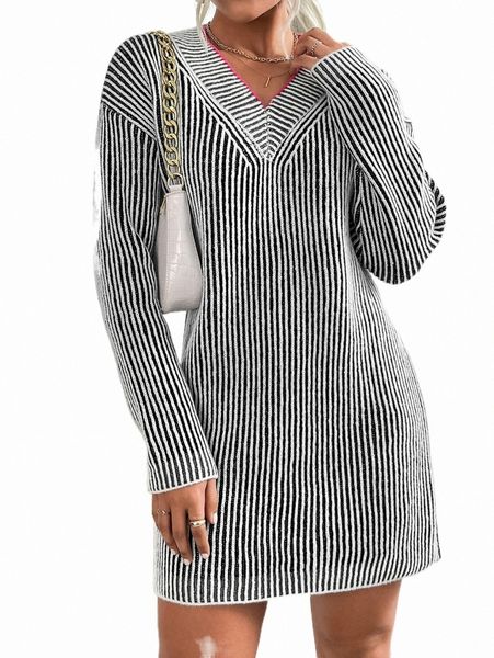

women's sweaters stripe pattern drop shoulder sweater dress c74h#, White;black