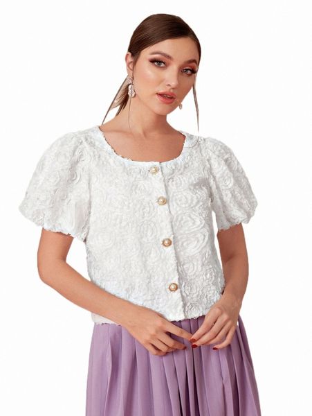

women's blouses & shirts puff sleeve button front blouse 33bh#, White