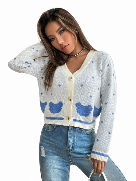 

women's sweaters cartoon pattern button front cardigan 760a#, White;black