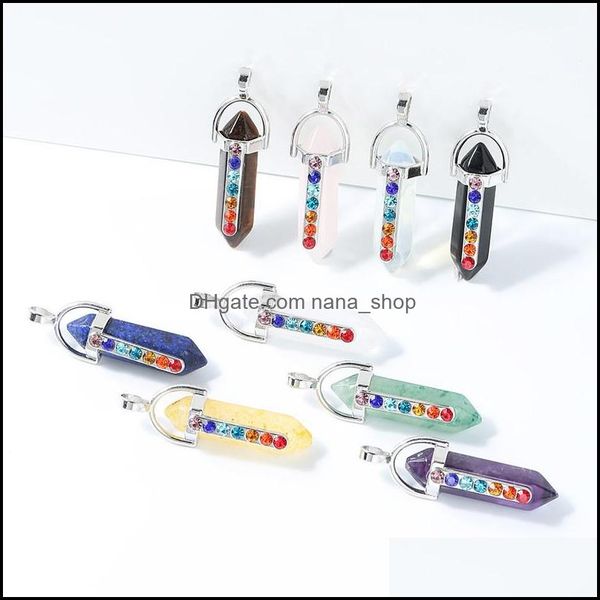 

charms 7 chakra rhinestone natural stone charms rose quartz crystal hexagonal prism pendum reiki pendants for jewelry making nanashop dhlbr, Bronze;silver
