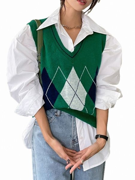 

women's sweaters dazy 1pc argyle pattern v-neck sweater vest r1qu#, White;black