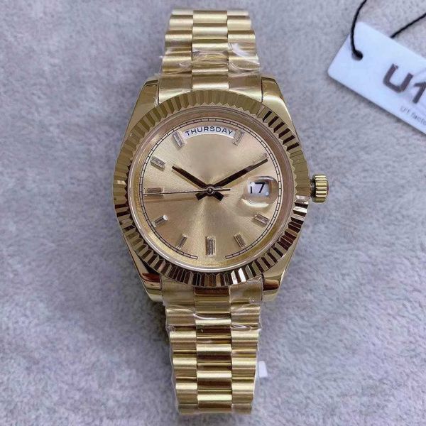 

u1 factory steel watches day date 40mm diamond set gold dial fluted bezel ice automatic mechanical movement sapphire glass president, Slivery;brown