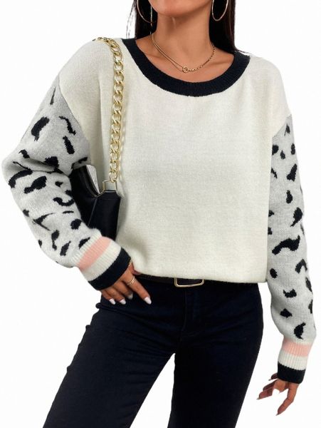

graphic pattern contrast trim drop shoulder sweater o3t5#, White;black